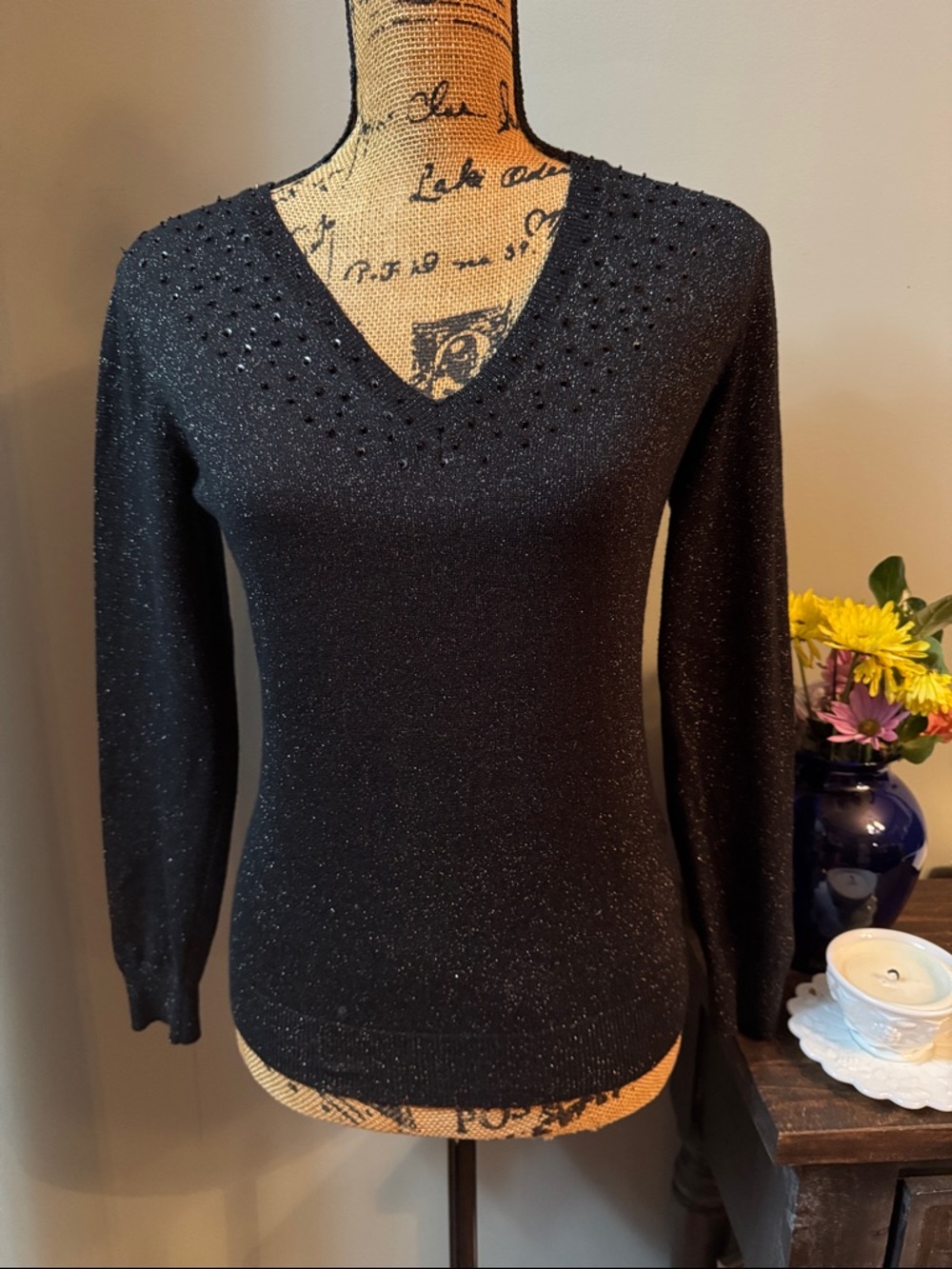 Vintage Jaclyn Smith black Sparkle Knit Top with Metallic Detail